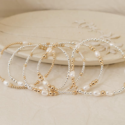 Signature Pearl Mixed Metals Stack | 14k Gold Filled Non-Tarnish with Sterling Silver  Beaded Bracelet Stack | Women's Gift | Natural Pearls