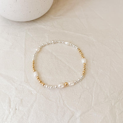 Signature Pearl Mixed Metals Stack | 14k Gold Filled Non-Tarnish with Sterling Silver  Beaded Bracelet Stack | Women's Gift | Natural Pearls