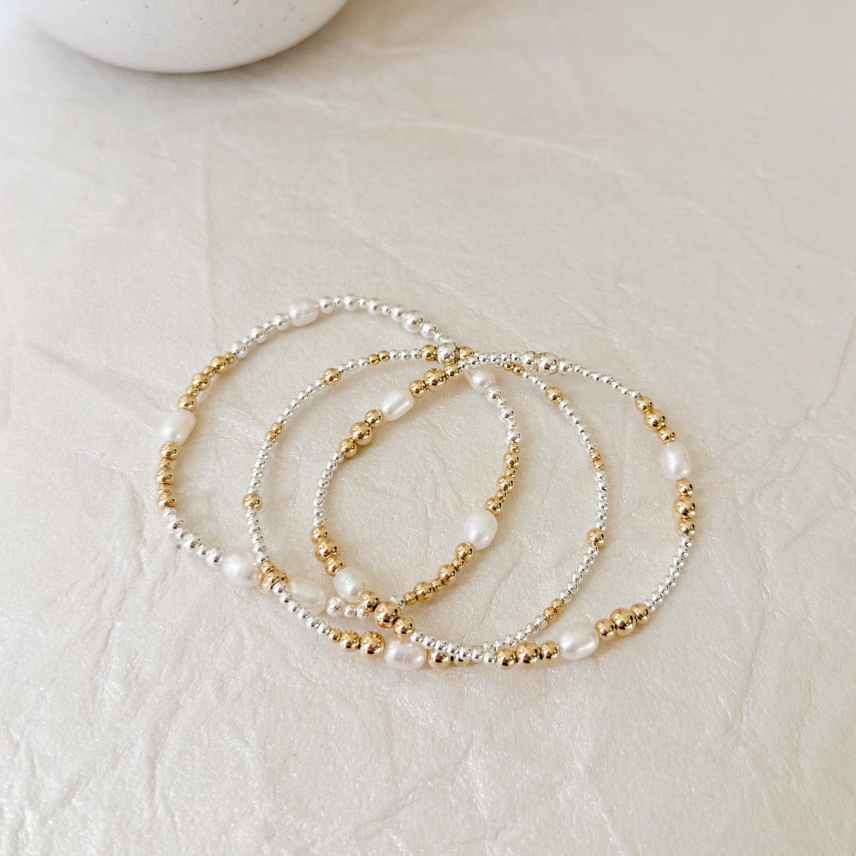 Signature Pearl Mixed Metals Stack | 14k Gold Filled Non-Tarnish with Sterling Silver  Beaded Bracelet Stack | Women's Gift | Natural Pearls