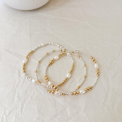 Signature Pearl Mixed Metals Stack | 14k Gold Filled Non-Tarnish with Sterling Silver  Beaded Bracelet Stack | Women's Gift | Natural Pearls