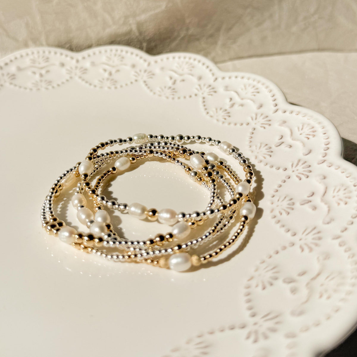 Signature Pearl Mixed Metals Stack | 14k Gold Filled Non-Tarnish with Sterling Silver  Beaded Bracelet Stack | Women's Gift | Natural Pearls
