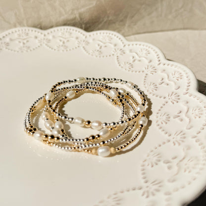 Signature Pearl Mixed Metals Stack | 14k Gold Filled Non-Tarnish with Sterling Silver  Beaded Bracelet Stack | Women's Gift | Natural Pearls