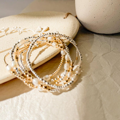 Signature Pearl Mixed Metals Stack | 14k Gold Filled Non-Tarnish with Sterling Silver  Beaded Bracelet Stack | Women's Gift | Natural Pearls