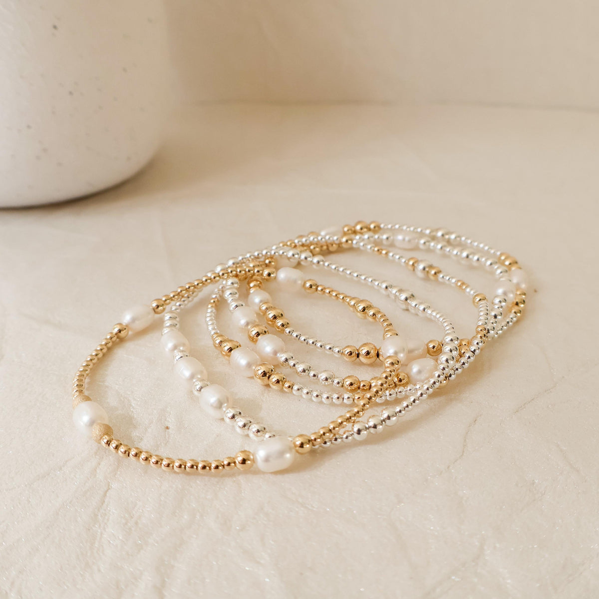 Signature Pearl Mixed Metals Stack | 14k Gold Filled Non-Tarnish with Sterling Silver  Beaded Bracelet Stack | Women's Gift | Natural Pearls