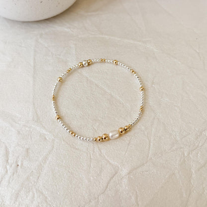 Signature Pearl Mixed Metals Stack | 14k Gold Filled Non-Tarnish with Sterling Silver  Beaded Bracelet Stack | Women's Gift | Natural Pearls
