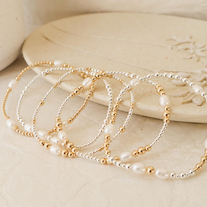 Signature Pearl Mixed Metals Stack | 14k Gold Filled Non-Tarnish with Sterling Silver  Beaded Bracelet Stack | Women's Gift | Natural Pearls
