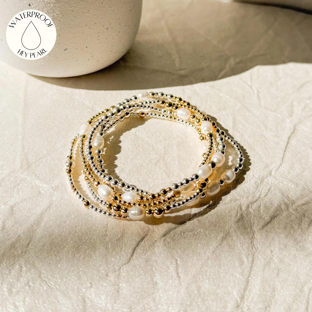 Signature Pearl Mixed Metals Stack | 14k Gold Filled Non-Tarnish with Sterling Silver  Beaded Bracelet Stack | Women's Gift | Natural Pearls