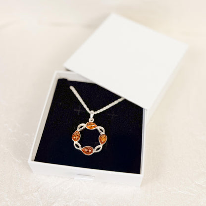 Sterling Amber Necklace Women Gift Baltic Honey Pendant Silver Jewelry Wreath Circular Design Gemstone Chain Nature Inspired Botanical
