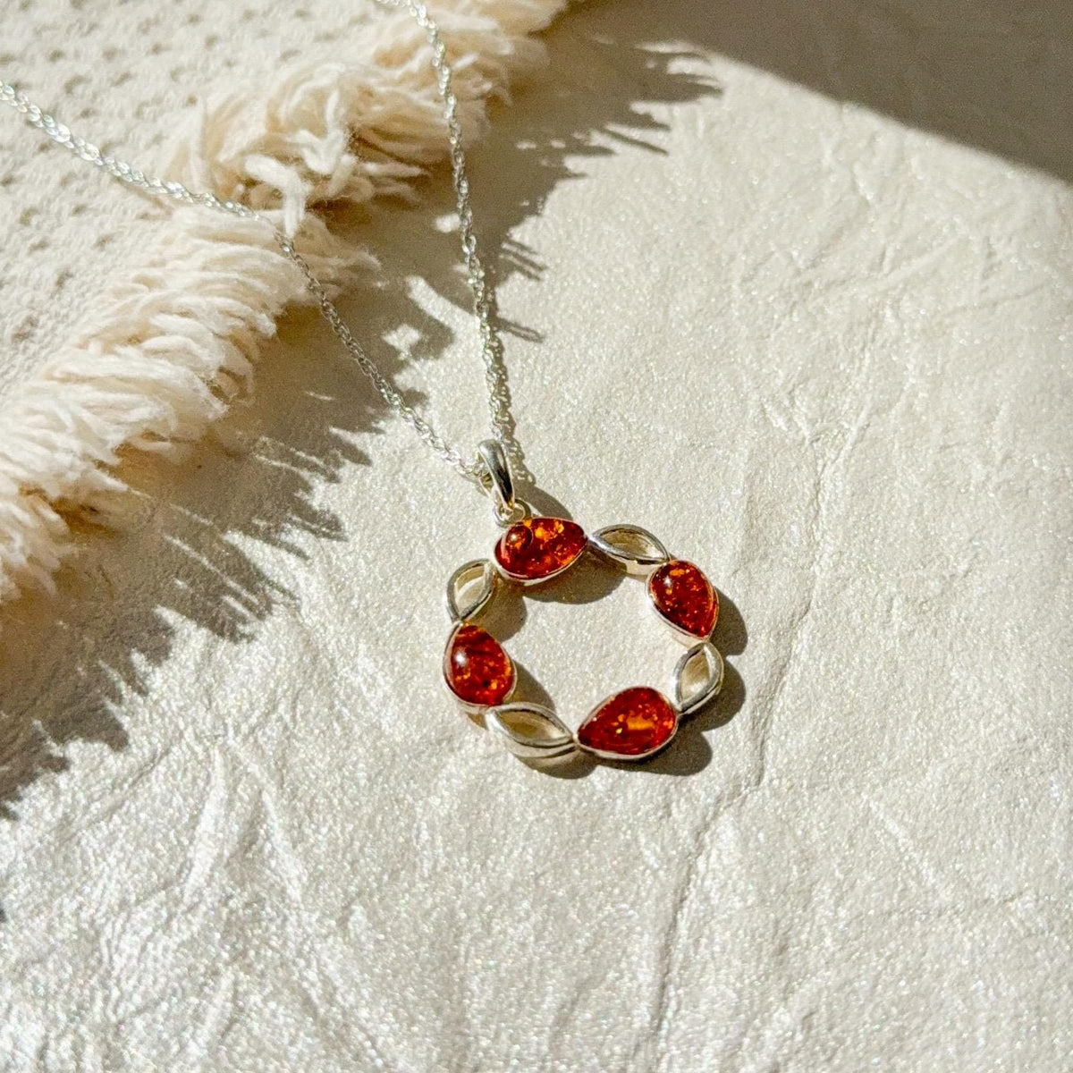 Sterling Amber Necklace Women Gift Baltic Honey Pendant Silver Jewelry Wreath Circular Design Gemstone Chain Nature Inspired Botanical