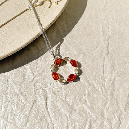 Sterling Amber Necklace Women Gift Baltic Honey Pendant Silver Jewelry Wreath Circular Design Gemstone Chain Nature Inspired Botanical