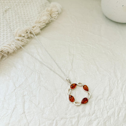 Sterling Amber Necklace Women Gift Baltic Honey Pendant Silver Jewelry Wreath Circular Design Gemstone Chain Nature Inspired Botanical