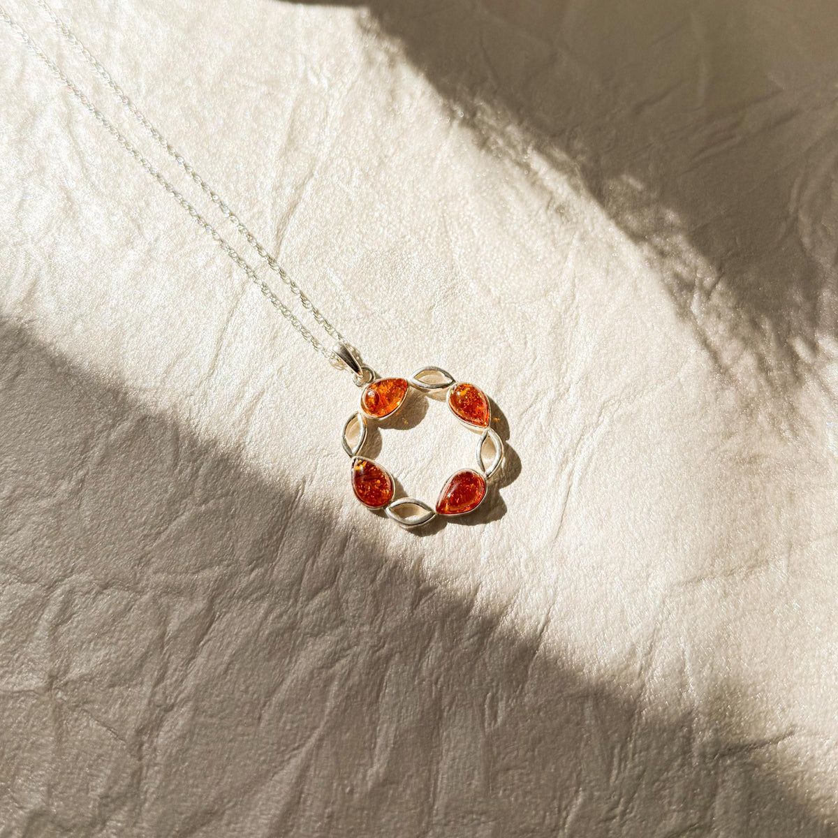 Sterling Amber Necklace Women Gift Baltic Honey Pendant Silver Jewelry Wreath Circular Design Gemstone Chain Nature Inspired Botanical