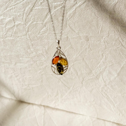 Tri-Color Baltic Amber Necklace Sterling Silver Pendant Jewelry Natural Stone Cognac Teardrop Honey Gemstone Gift Women Present