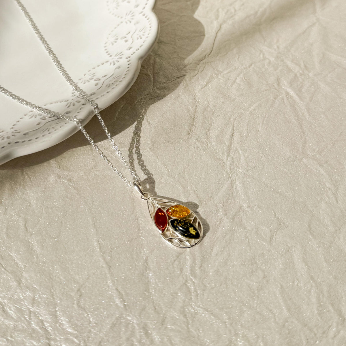 Tri-Color Baltic Amber Necklace Sterling Silver Pendant Jewelry Natural Stone Cognac Teardrop Honey Gemstone Gift Women Present
