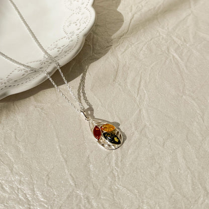 Tri-Color Baltic Amber Necklace Sterling Silver Pendant Jewelry Natural Stone Cognac Teardrop Honey Gemstone Gift Women Present