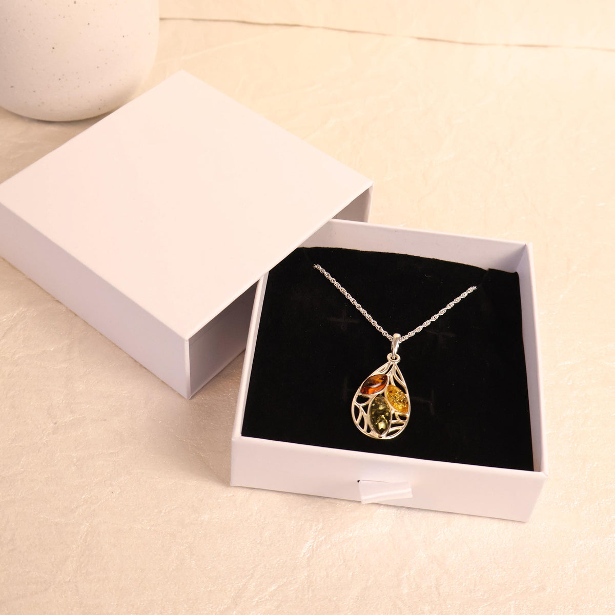 Tri-Color Baltic Amber Necklace Sterling Silver Pendant Jewelry Natural Stone Cognac Teardrop Honey Gemstone Gift Women Present
