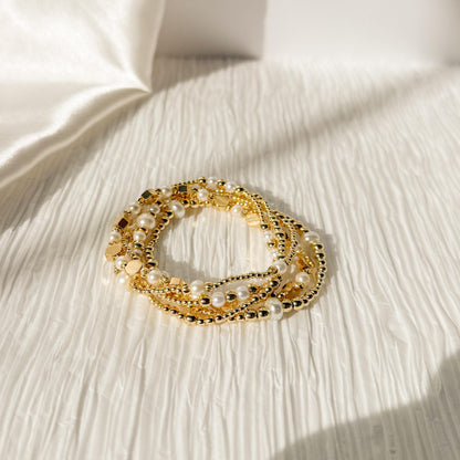 Pealry | 18k Gold Filled with Pearls Bracelet Stack | Beaded Stretch Bracelet | Dainty bead | Gift Set | Gift for Daughter