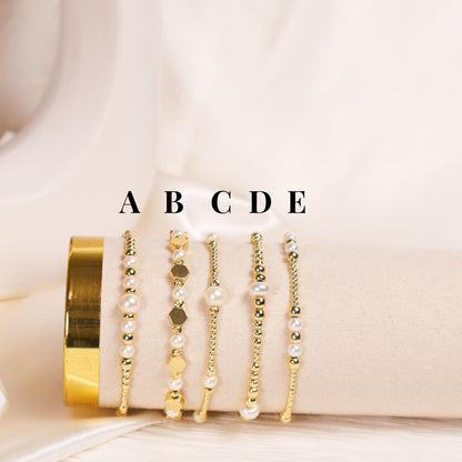 Pealry | 18k Gold Filled with Pearls Bracelet Stack | Beaded Stretch Bracelet | Dainty bead | Gift Set | Gift for Daughter