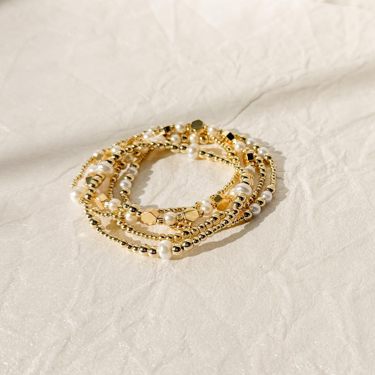 Pealry | 18k Gold Filled with Pearls Bracelet Stack | Beaded Stretch Bracelet | Dainty bead | Gift Set | Gift for Daughter