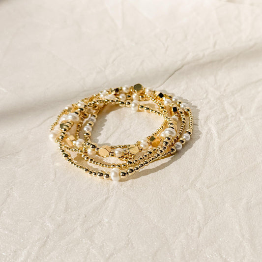 Pealry | 18k Gold Filled with Pearls Bracelet Stack | Beaded Stretch Bracelet | Dainty bead | Gift Set | Gift for Daughter