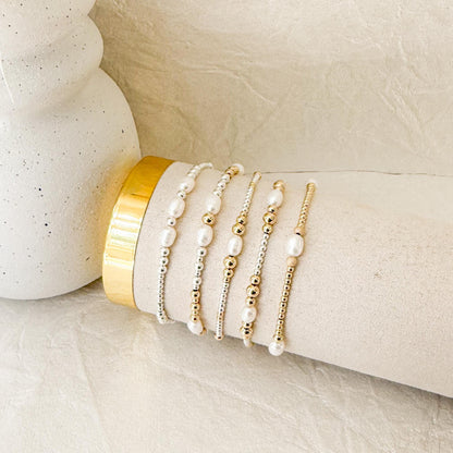 Signature Pearl Mixed Metals Stack | 14k Gold Filled Non-Tarnish with Sterling Silver  Beaded Bracelet Stack | Women's Gift | Natural Pearls