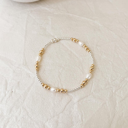 Signature Pearl Mixed Metals Stack | 14k Gold Filled Non-Tarnish with Sterling Silver  Beaded Bracelet Stack | Women's Gift | Natural Pearls