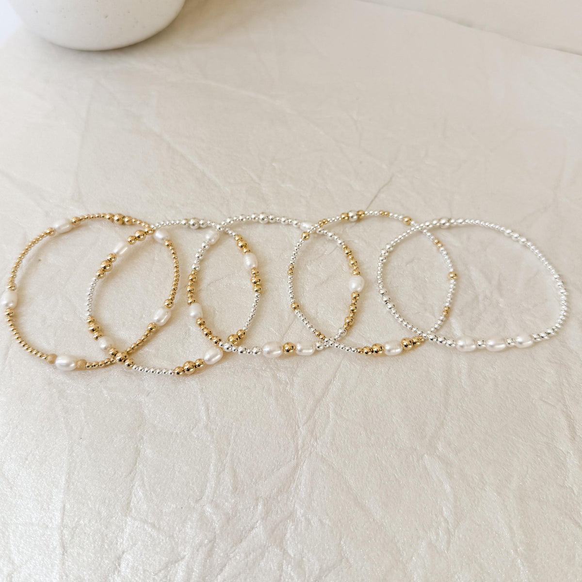 Signature Pearl Mixed Metals Stack | 14k Gold Filled Non-Tarnish with Sterling Silver  Beaded Bracelet Stack | Women's Gift | Natural Pearls