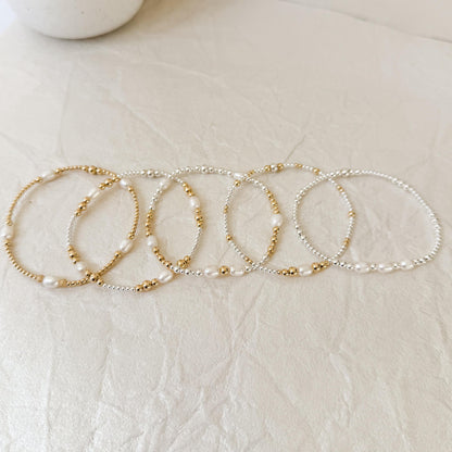 Signature Pearl Mixed Metals Stack | 14k Gold Filled Non-Tarnish with Sterling Silver  Beaded Bracelet Stack | Women's Gift | Natural Pearls