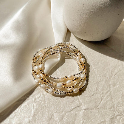 Signature Pearl Mixed Metals Stack | 14k Gold Filled Non-Tarnish with Sterling Silver  Beaded Bracelet Stack | Women's Gift | Natural Pearls
